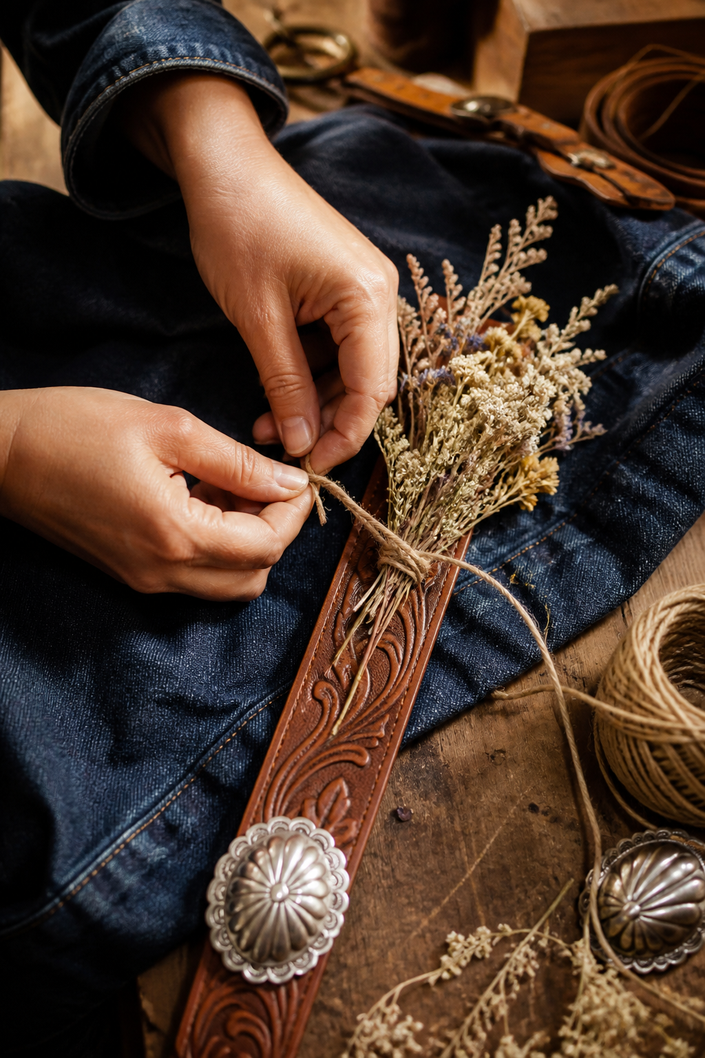 Hands tying flowers to a leather strap on a workbench