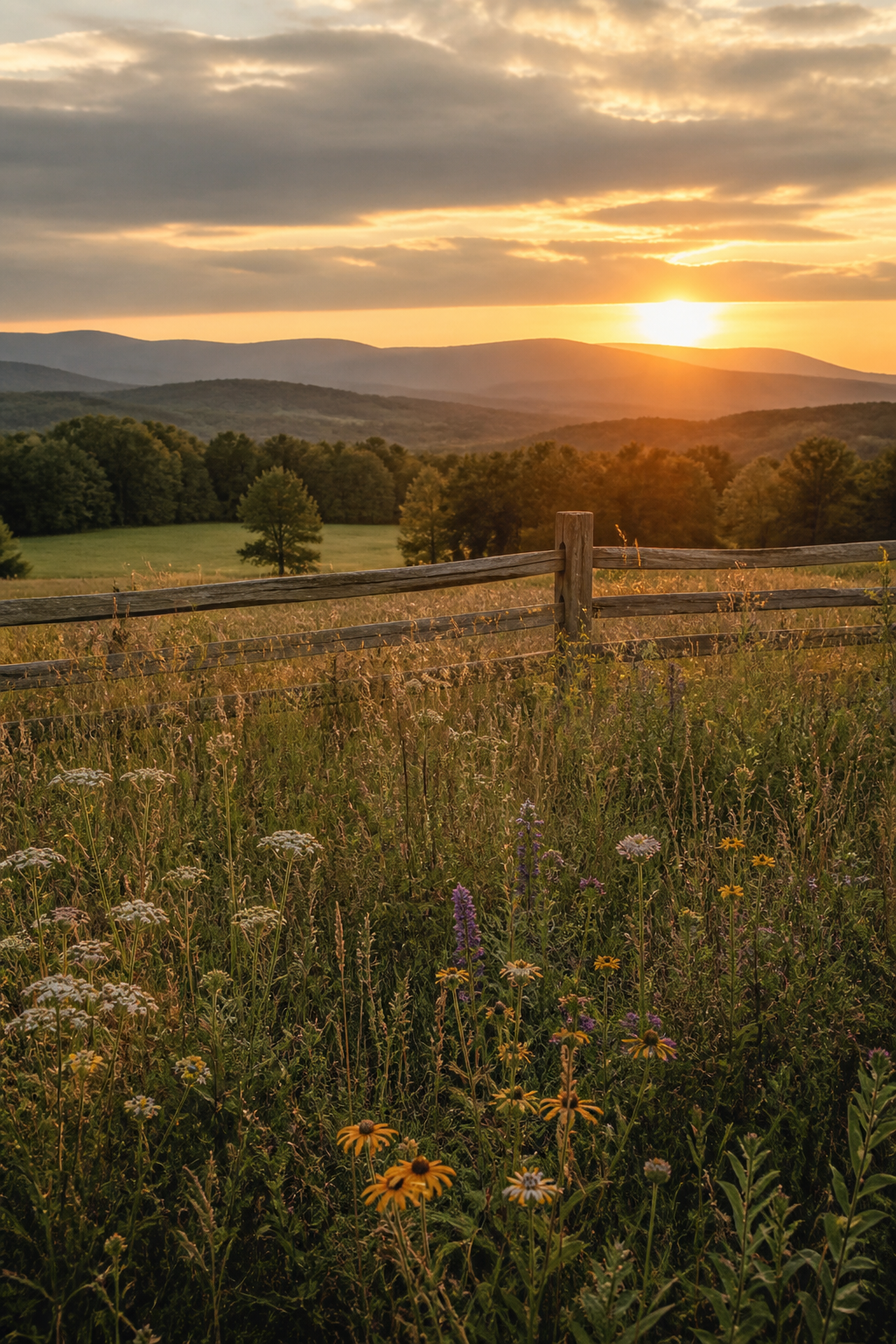 Wildflowers and tall grass in a rural Georgia meadow at sunset